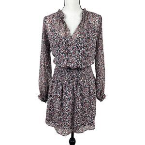 Lola Grace Women's Mini‎ Dress Large Black Floral Tie Neck Smocked Long Sleeve